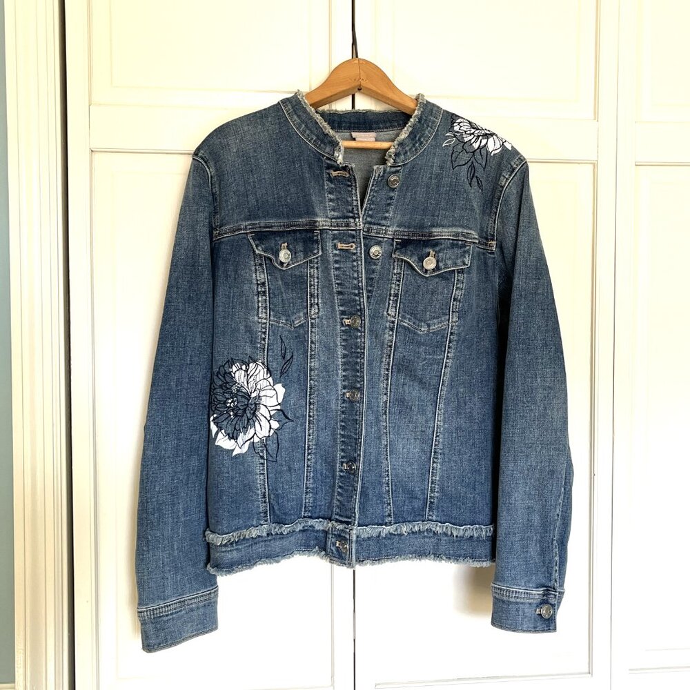 Chico’s 2 Embroidered Denim Blue Jean Jacket
